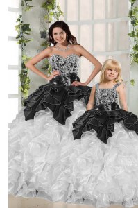 White and Black Sweet 16 Dress Military Ball and Sweet 16 and Quinceanera and For with Beading and Ruffles Sweetheart Sleeveless Lace Up