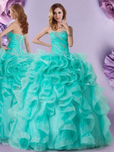 Floor Length Aqua Blue Quince Ball Gowns Organza Sleeveless Beading and Ruffles