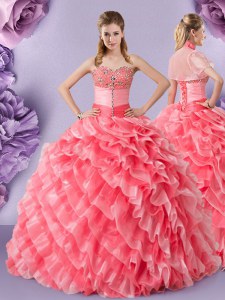 Cute Organza Sweetheart Sleeveless Lace Up Lace 15 Quinceanera Dress in Watermelon Red