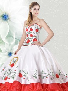 White and Red Sweetheart Neckline Embroidery and Ruffled Layers Sweet 16 Dresses Sleeveless Lace Up