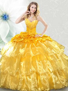 Eye-catching Lace Up Sweet 16 Dress Gold for Military Ball and Sweet 16 and Quinceanera with Ruffled Layers and Sequins