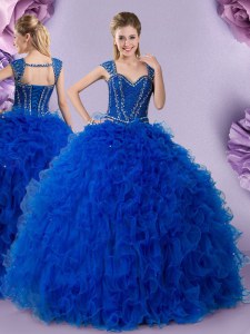 New Arrival Straps Royal Blue Lace Up Vestidos de Quinceanera Beading and Ruffles Cap Sleeves Floor Length