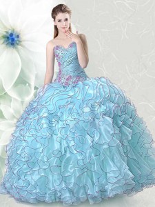 Spectacular Light Blue Sweetheart Lace Up Beading and Ruffles Quinceanera Gown Sleeveless