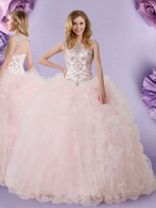 Smart Tulle Scoop Sleeveless Lace Up Lace Quinceanera Dresses in Baby Pink