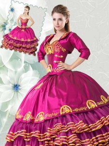 New Arrival Fuchsia Sweet 16 Quinceanera Dress Military Ball and Sweet 16 and Quinceanera and For with Embroidery and Ruffled Layers Sweetheart Sleeveless Lace Up