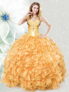Gold Lace Up Quince Ball Gowns Beading and Ruffles Sleeveless Floor Length