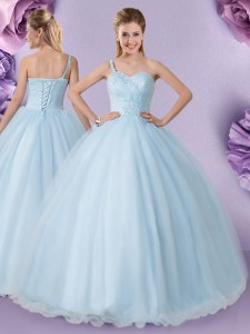 Luxury Tulle One Shoulder Sleeveless Lace Up Appliques 15th Birthday Dress in Light Blue