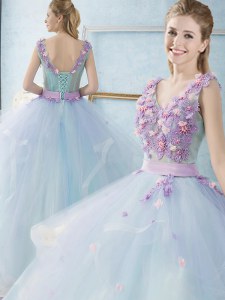 Custom Fit Light Blue Ball Gowns Appliques and Ruffles Quince Ball Gowns Lace Up Tulle Sleeveless Floor Length