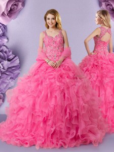 Cute Straps Sleeveless Floor Length Lace Lace Up Quinceanera Gowns with Hot Pink