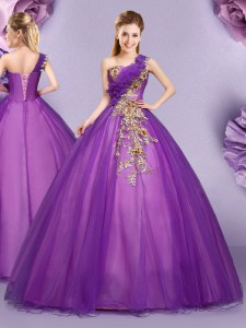 Sumptuous One Shoulder Sleeveless Lace Up Floor Length Appliques and Ruffles Sweet 16 Dress