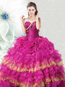Ruffles and Ruffled Layers 15th Birthday Dress Fuchsia Lace Up Sleeveless Floor Length