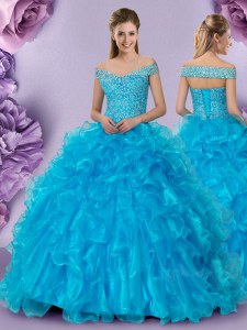 Off the Shoulder Baby Blue Sleeveless Floor Length Beading and Lace and Ruffles Lace Up 15th Birthday Dress