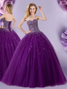 Dynamic Dark Purple Tulle Lace Up Quinceanera Dress Sleeveless Floor Length Beading