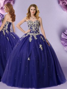 Wonderful Navy Blue Ball Gowns Sweetheart Sleeveless Tulle Floor Length Lace Up Beading 15 Quinceanera Dress