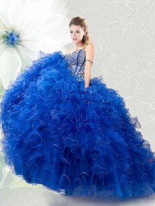 Inexpensive Royal Blue Sweetheart Neckline Beading and Ruffles Sweet 16 Dresses Sleeveless Lace Up