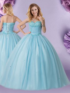 Exquisite Light Blue Lace Up Sweetheart Beading Vestidos de Quinceanera Tulle Sleeveless