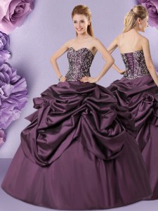 Top Selling Purple Lace Up Sweetheart Embroidery and Pick Ups Quinceanera Dresses Taffeta Sleeveless