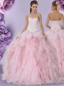 Tulle Sweetheart Sleeveless Lace Up Beading and Lace and Ruffles Quinceanera Gowns in Baby Pink