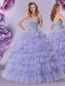Lavender Strapless Lace Up Beading and Ruffled Layers Quince Ball Gowns Sleeveless