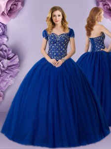 Royal Blue Lace Up Ball Gown Prom Dress Beading Sleeveless Floor Length