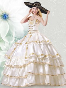 Sweetheart Sleeveless Sweet 16 Dress Floor Length Embroidery and Ruffled Layers White Taffeta