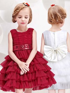 Glorious Red Scoop Zipper Ruffled Layers and Sequins and Bowknot Flower Girl Dress Sleeveless
