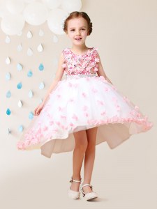 Scoop High Low Pink And White Flower Girl Dress Tulle Sleeveless Lace and Appliques