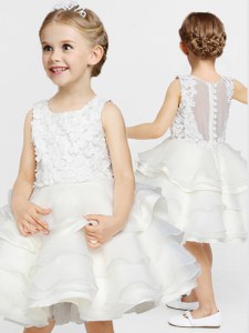Scoop White A-line Appliques and Ruffles Flower Girl Dress Clasp Handle Organza Sleeveless Knee Length