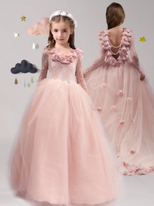Customized Scoop Long Sleeves Brush Train Lace and Appliques and Ruffles Backless Toddler Flower Girl Dress