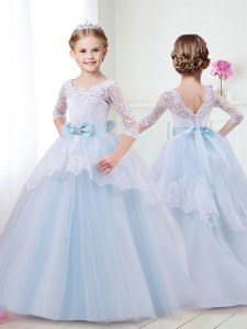 Nice Scoop With Train Ball Gowns Half Sleeves Light Blue Flower Girl Dress Brush Train Lace Up