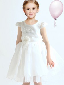 Exquisite Scoop Cap Sleeves Zipper Mini Length Appliques and Bowknot and Hand Made Flower Flower Girl Dress
