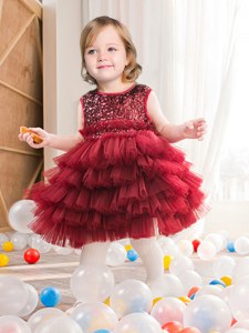 Scoop Wine Red Sleeveless Ruffled Layers and Sequins Mini Length Flower Girl Dress