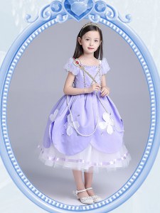 Glorious Lavender Zipper Square Beading and Appliques Toddler Flower Girl Dress Taffeta and Tulle Short Sleeves