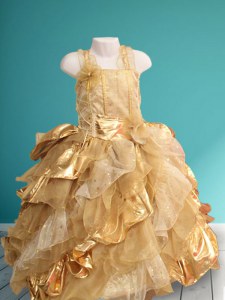 Straps Organza Sleeveless Floor Length Flower Girl Dress and Ruffles and Sequins and Hand Made Flower