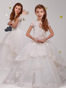 Beauteous Scoop Lace Flower Girl Dresses for Less White Backless Short Sleeves With Brush Train