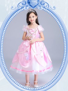Chic Ball Gowns Flower Girl Dress Baby Pink Square Taffeta and Tulle Short Sleeves Tea Length Zipper