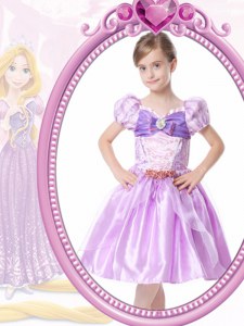 Modest Lilac A-line V-neck Short Sleeves Organza Knee Length Clasp Handle Beading and Bowknot Flower Girl Dresses