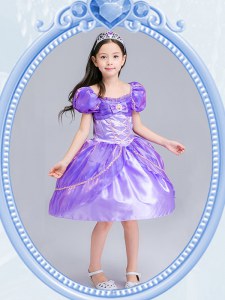 Traditional Square Short Sleeves Side Zipper Flower Girl Dress Lavender Organza