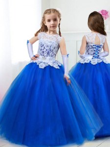 Eye-catching Scoop Sleeveless Floor Length Beading and Lace and Belt Lace Up Toddler Flower Girl Dress with Royal Blue