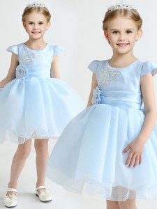 Scoop Mini Length Light Blue Toddler Flower Girl Dress Organza Cap Sleeves Appliques and Bowknot and Hand Made Flower
