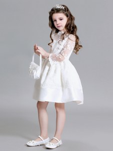 Extravagant Long Sleeves Lace Mini Length Zipper Flower Girl Dresses for Less in White with Lace