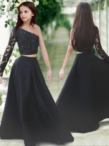 Luxury One Shoulder Long Sleeves Floor Length Lace Zipper Toddler Flower Girl Dress with Black