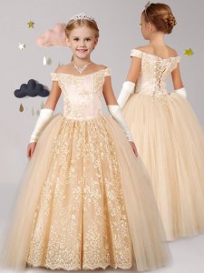 Custom Fit Off the Shoulder Lace Toddler Flower Girl Dress Champagne Lace Up Cap Sleeves Floor Length