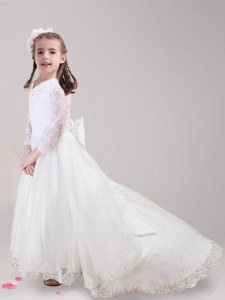 Scoop Long Sleeves Brush Train Zipper With Train Lace and Bowknot Toddler Flower Girl Dress