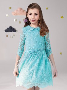 Empire Flower Girl Dresses for Less Aqua Blue Scoop Lace 3 4 Length Sleeve Mini Length Zipper