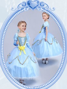 Scoop Sequins Light Blue Short Sleeves Tulle Side Zipper Toddler Flower Girl Dress for Party and Quinceanera and Wedding Party