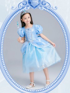 Inexpensive Square Short Sleeves Organza Tea Length Zipper Flower Girl Dresses for Less in Light Blue with Beading