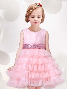 Scoop Ruffled Layers and Sequins and Bowknot Flower Girl Dresses Baby Pink Zipper Sleeveless Mini Length
