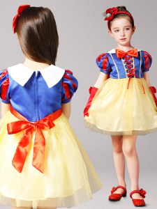 Blue and Yellow Empire Bowknot Flower Girl Dresses Zipper Tulle Short Sleeves Mini Length