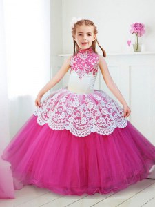 Eye-catching Halter Top High-neck Sleeveless Flower Girl Dress Floor Length Beading and Lace Hot Pink Tulle